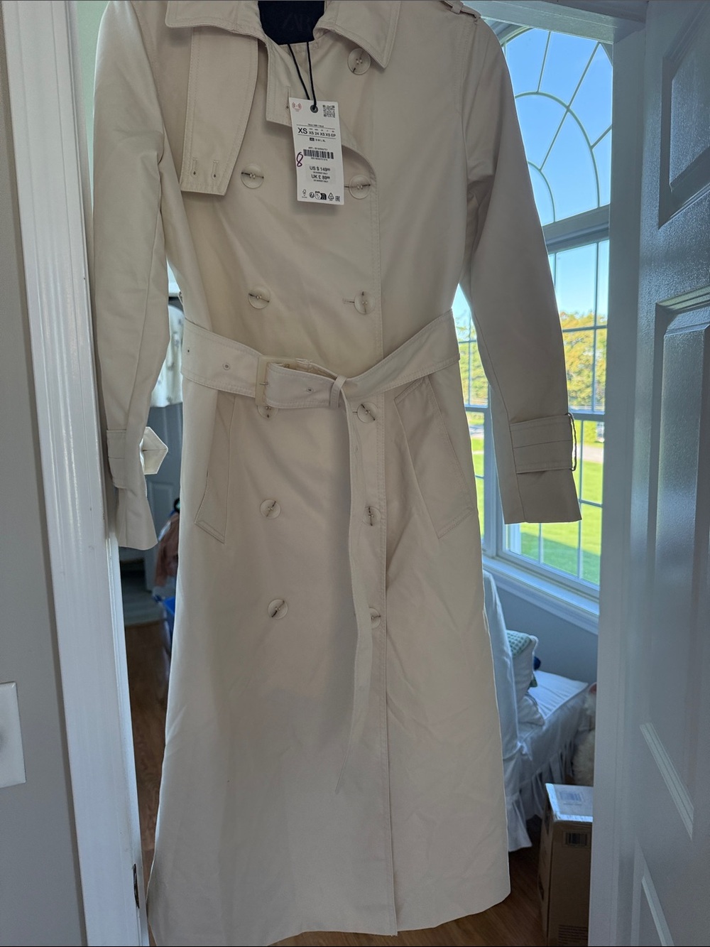 Zara Cream Double-Breasted Trench Coat with Belt NWT